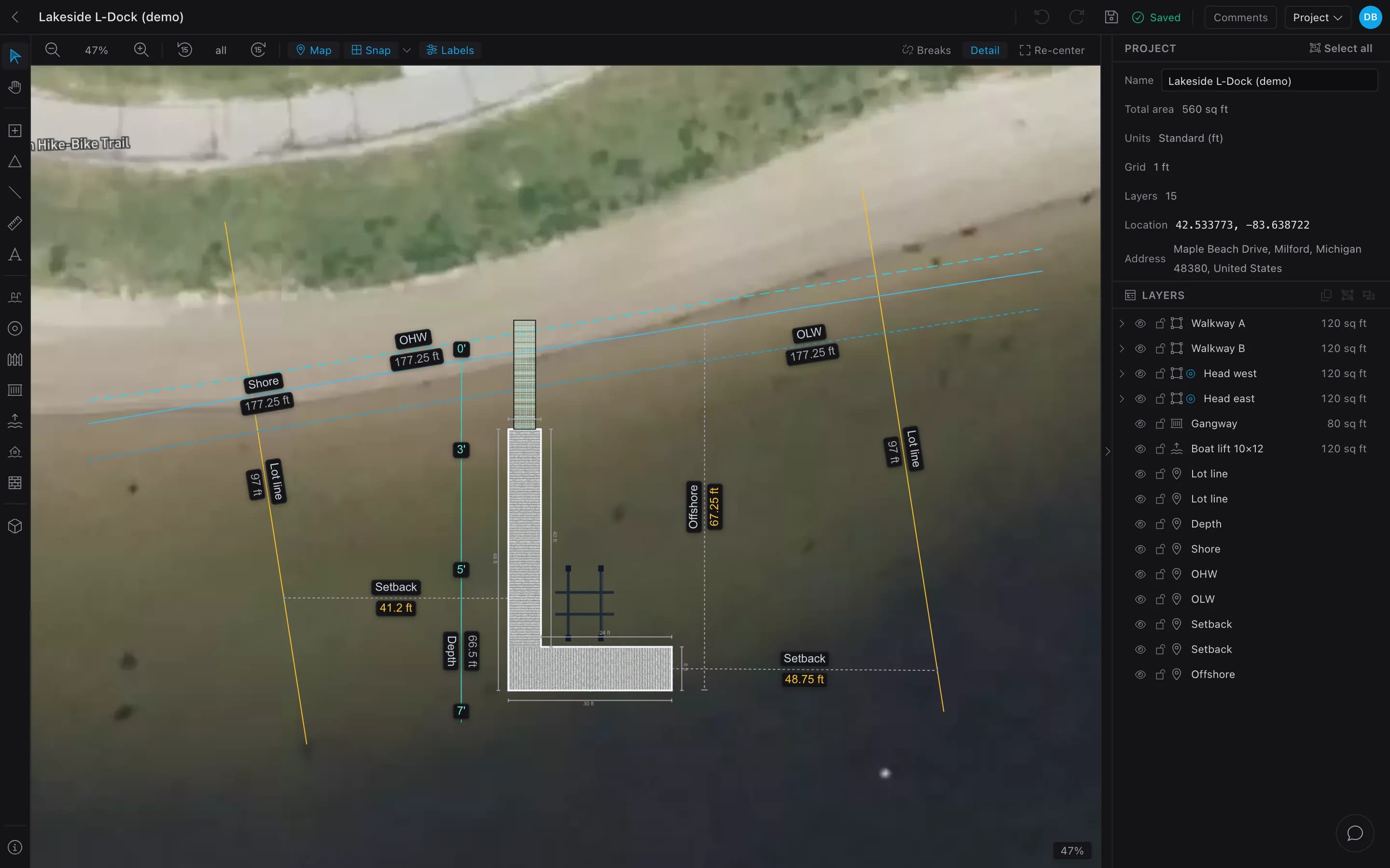 An L-shaped dock with a gangway and a boat lift drawn on a satellite view of a lake shore in Dock Builder, with the shore, high and low water lines, two lot lines, a depth line and setback dimensions.