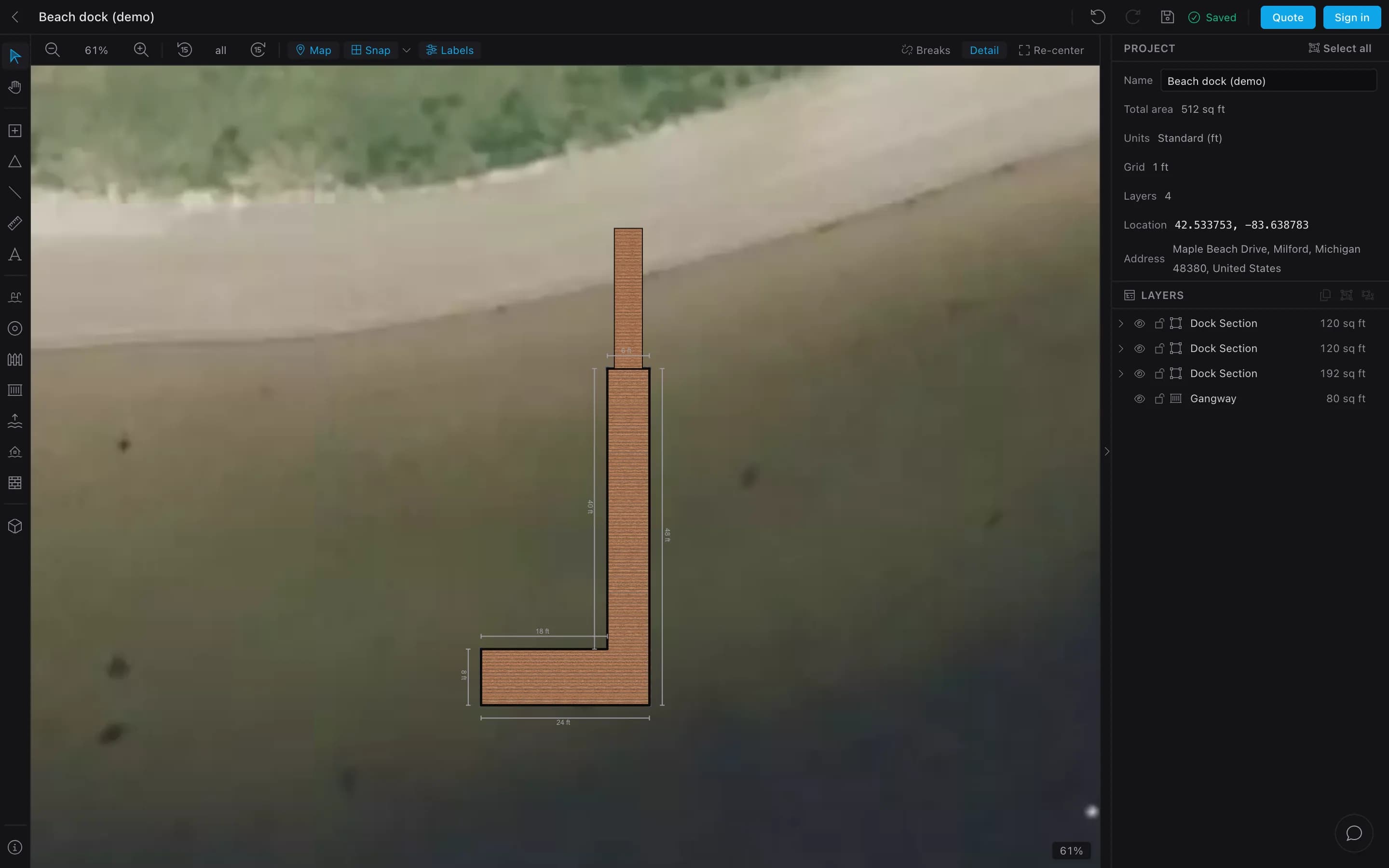 Dock Builder's signed-out designer: an L-shaped dock and a gangway drawn on a satellite view of a beach, with Quote and Sign in buttons in the top bar and the project's layers on the right.