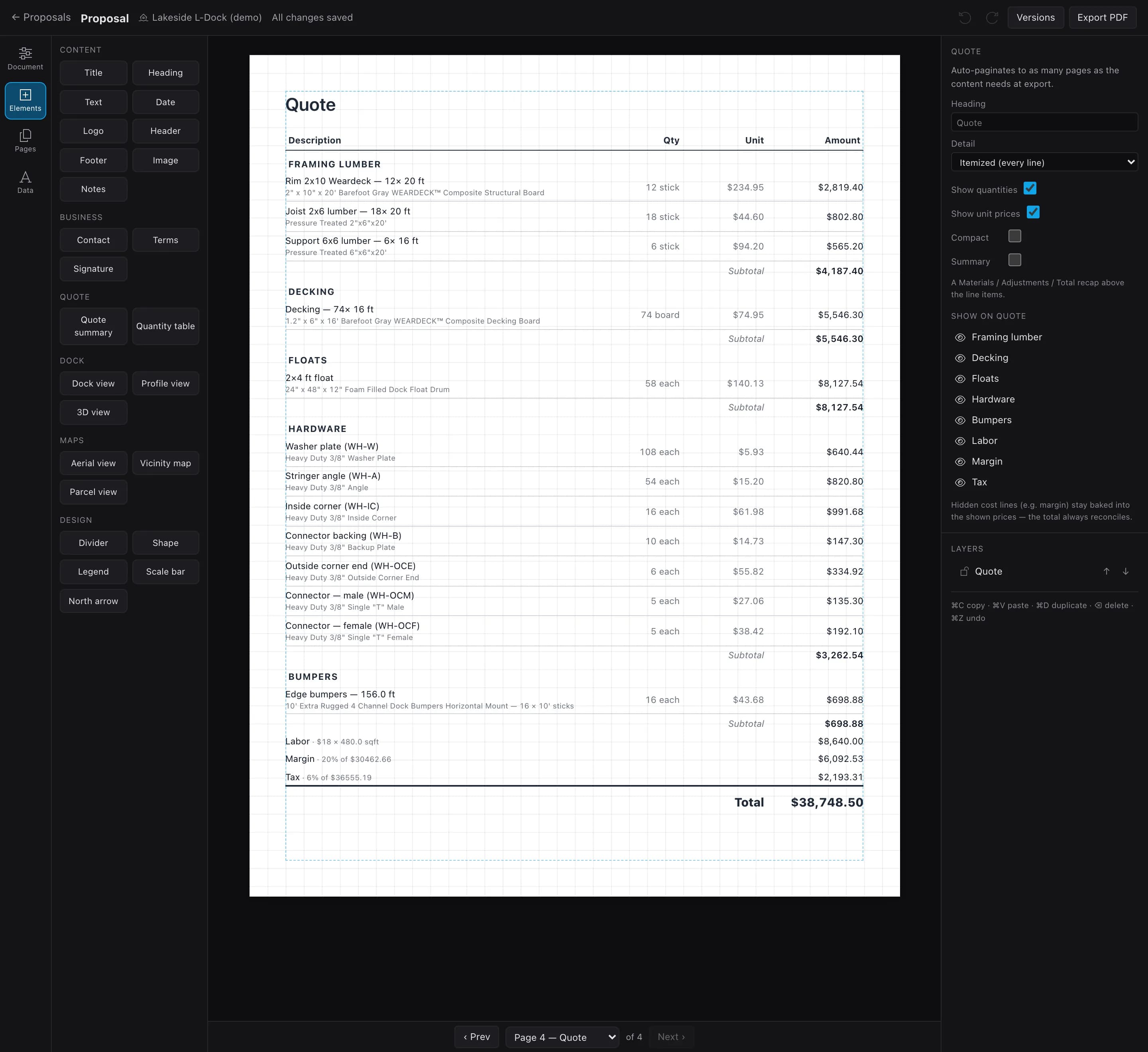 An itemized dock quote page: framing lumber, decking, floats, hardware and bumpers, each line with quantity, unit price and amount and a subtotal per group, then Labor at $18 × 480 sq ft ($8,640.00), Margin at 20% ($6,092.53), Tax at 6% ($2,193.31) and a total of $38,748.50.