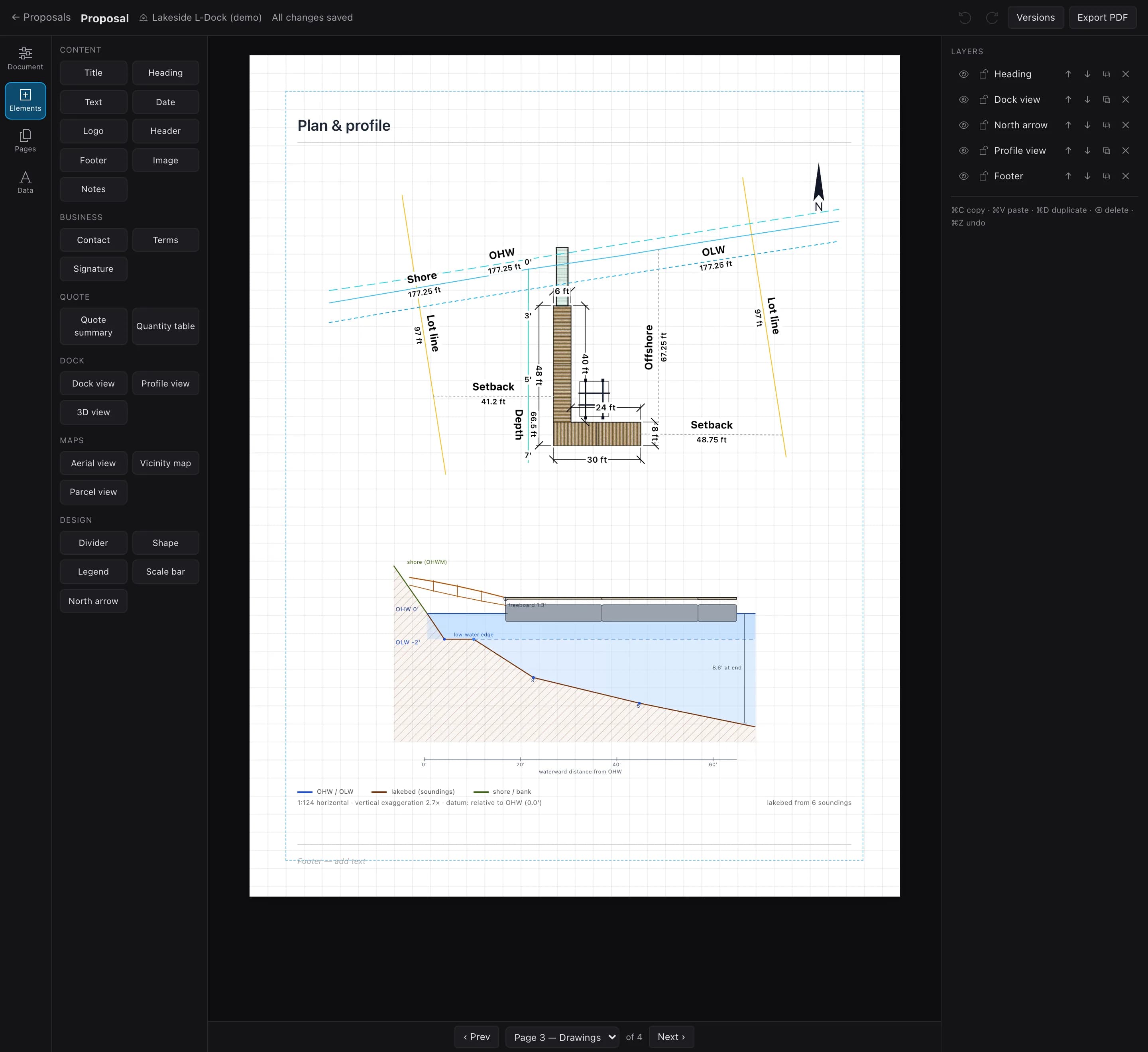 A proposal page with a dimensioned dock plan: lot lines, setbacks, high and low water, a depth line and a north arrow.