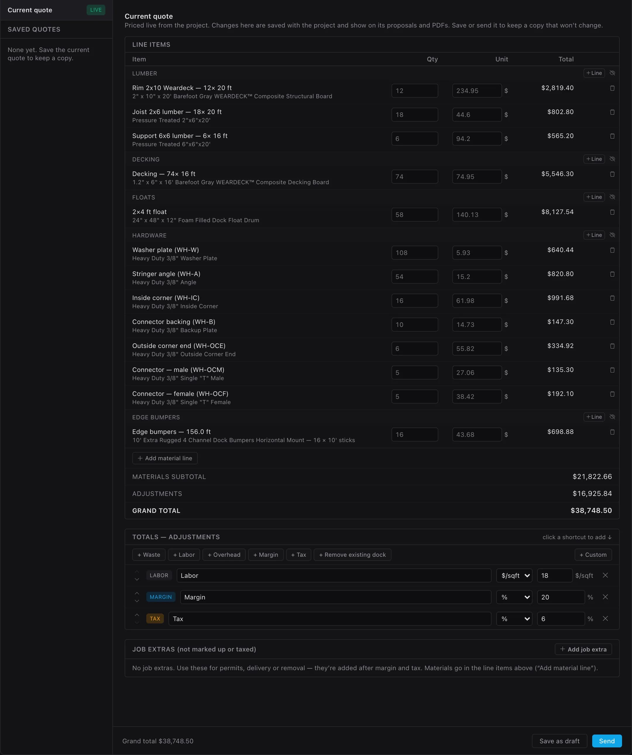Dock Builder’s live quote window: materials subtotal $21,822.66, adjustments $16,925.84, grand total $38,748.50, and the adjustment rows for labor at $18 per square foot, margin at 20% and tax at 6%.