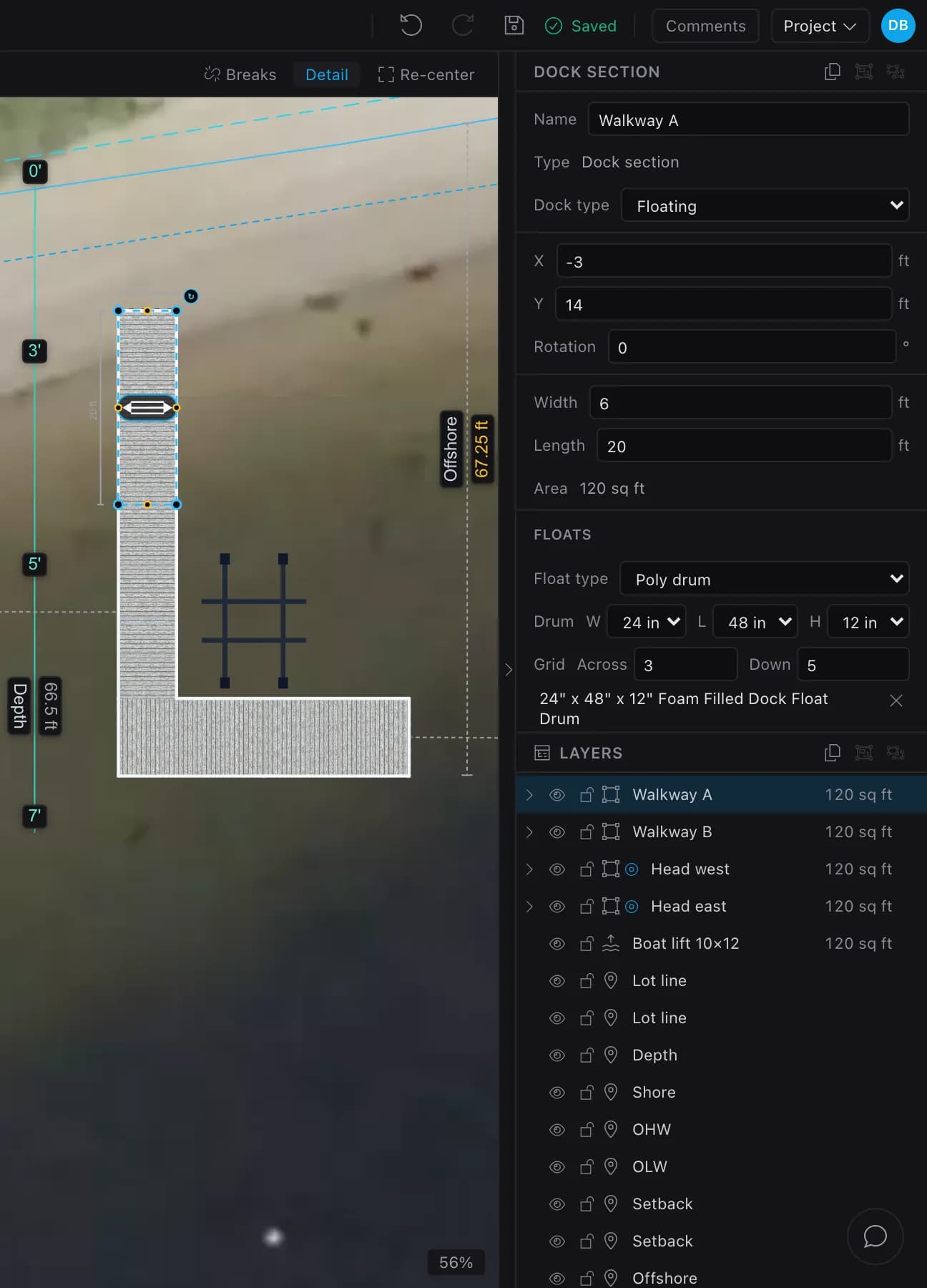 A 6 by 20 ft dock section selected on the aerial. The inspector shows its name (Walkway A), dock type Floating, position, rotation 0, width 6 ft, length 20 ft, area 120 sq ft, and the float type and grid.