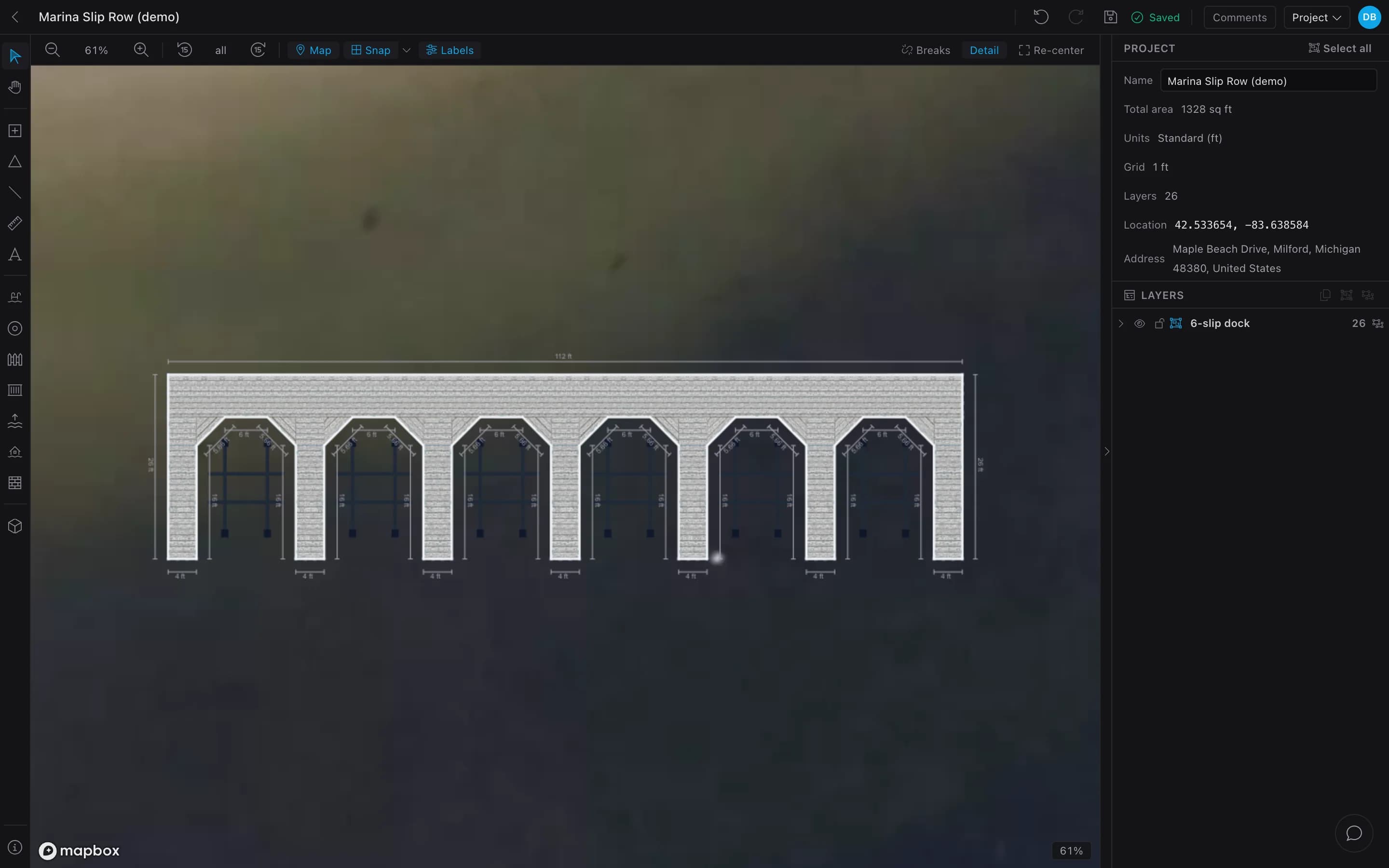 A six-slip floating row generated by Boat Slip Layout on a satellite view: a 112 ft main walk with seven 4 ft fingers, corner braces, a boat lift in each slip, and the row dimensioned 26 ft deep.