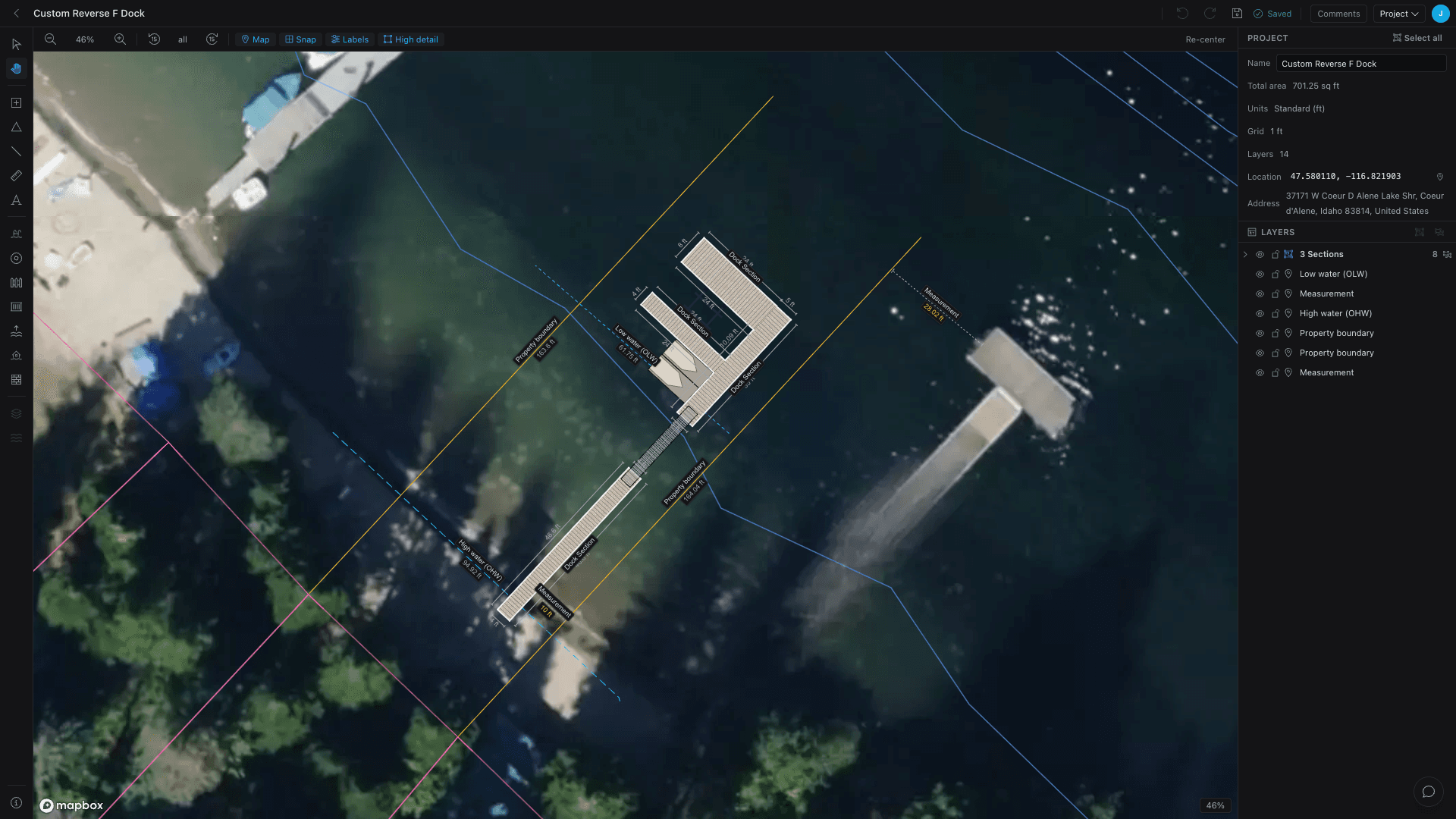 The Dock Builder editor: a multi-section dock on an aerial lake site, with dimensions, property lines, water lines, the tool rail, and the inspector visible.