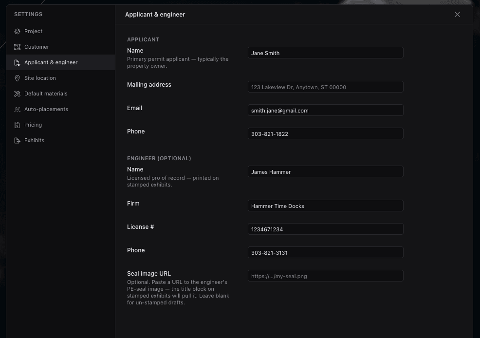 Settings → Applicant & engineer: the applicant block (name, address, email, phone) and the engineer block (name, firm, license, phone) plus a PE-seal URL — the fields that fill the exhibit title block.