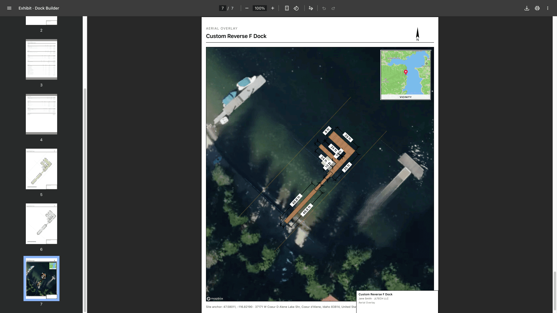 The exhibit builder's aerial-overlay page — the dock on satellite imagery with a north arrow, locator inset, and title block — beside a sidebar of the set's other page thumbnails.
