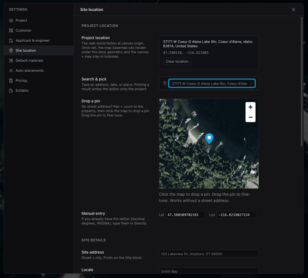 Settings → Site Location: an address, latitude/longitude, and a dropped pin on a satellite map of the property.
