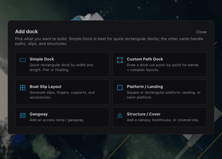 The Add Dock wizard: cards for Simple Dock, Custom Path Dock, Boat Slip Layout, Platform/Landing, Gangway, and Structure/Cover.