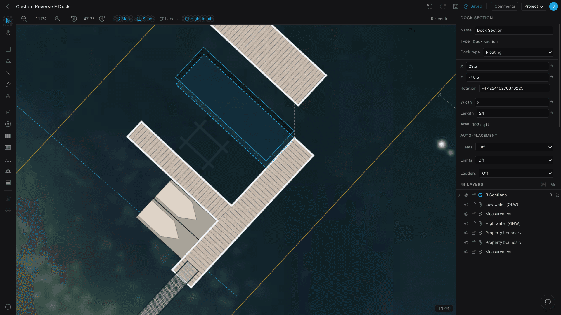 A wood-decked dock with a section being dragged into place, a snap-ghost outline showing where it lands flush against the others.