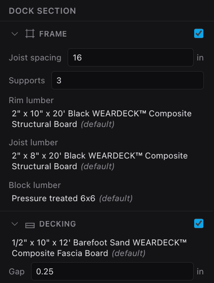 The Inspector's Frame and Decking groups for a selected section: joist spacing, rim/joist/block lumber, and the composite decking board.
