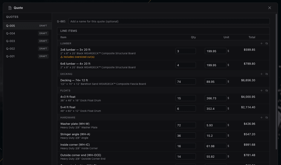 A draft quote with line items grouped by lumber, decking, floats, and hardware — each with quantity, unit price, and line total — beside a sidebar of past quote versions.