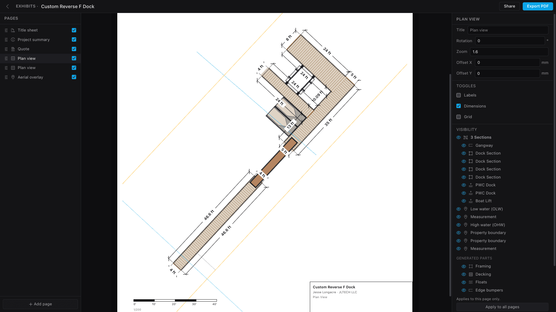 The exhibit builder: a page list, a scaled dock plan sheet with dimensions, a title block, and a scale bar, beside layer-visibility controls.