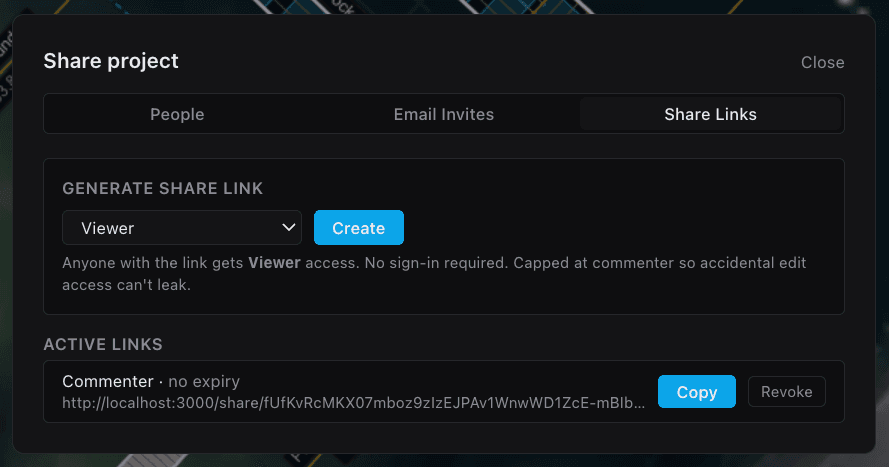 The Share panel's Share Links tab: a Viewer/Commenter role dropdown, a Create button, and an active no-expiry commenter link with copy and revoke.