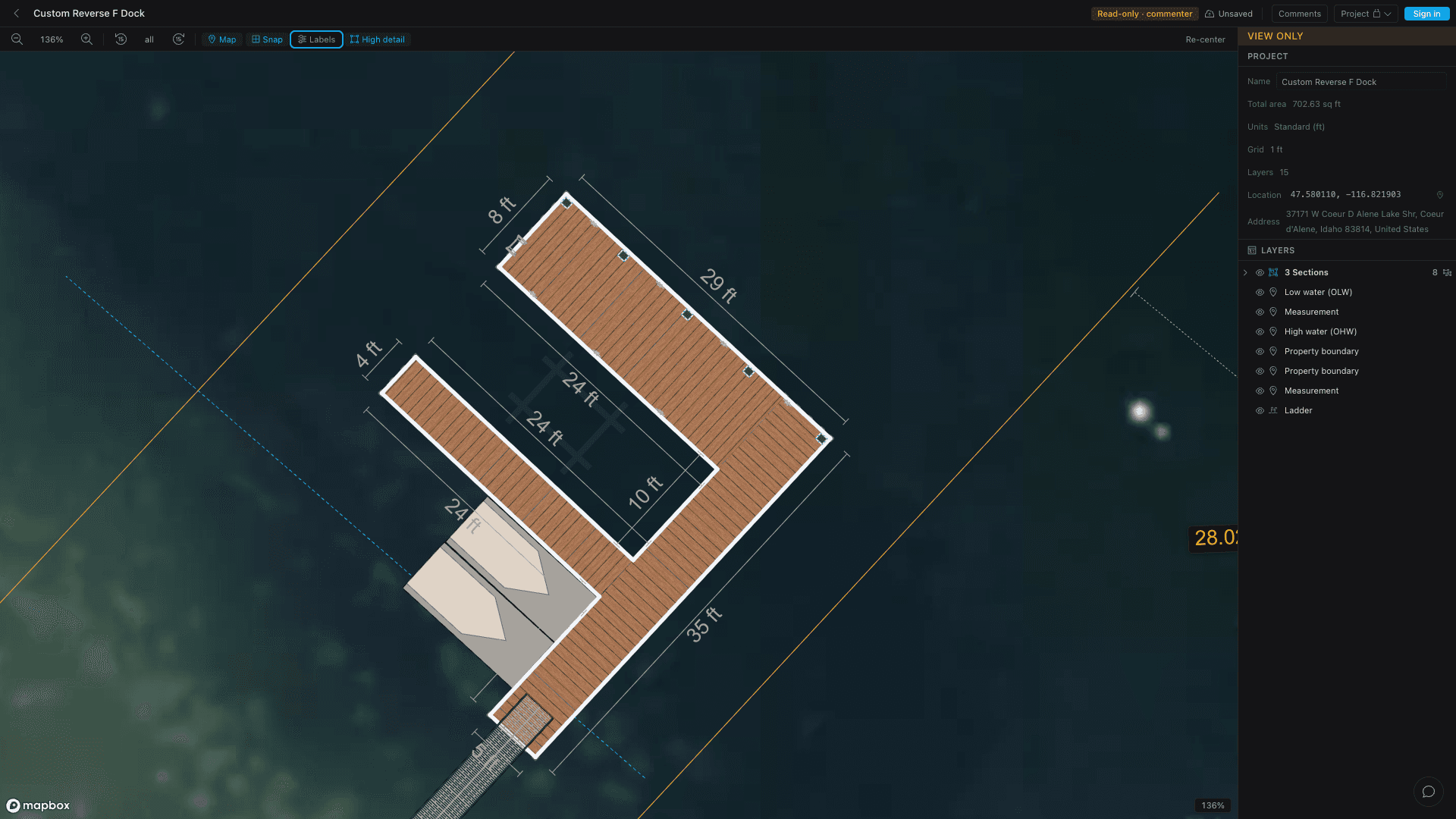 A shared dock plan opened via a link with a VIEW ONLY badge and read-only layer panel — no sign-in required.