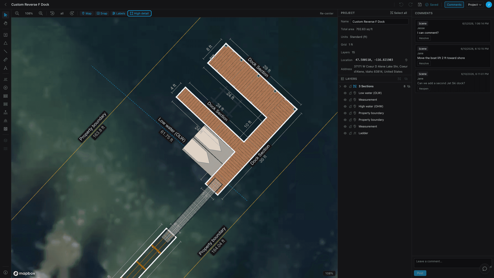 A dock plan with the Comments panel open: feedback threads with replies and timestamps alongside the drawing.