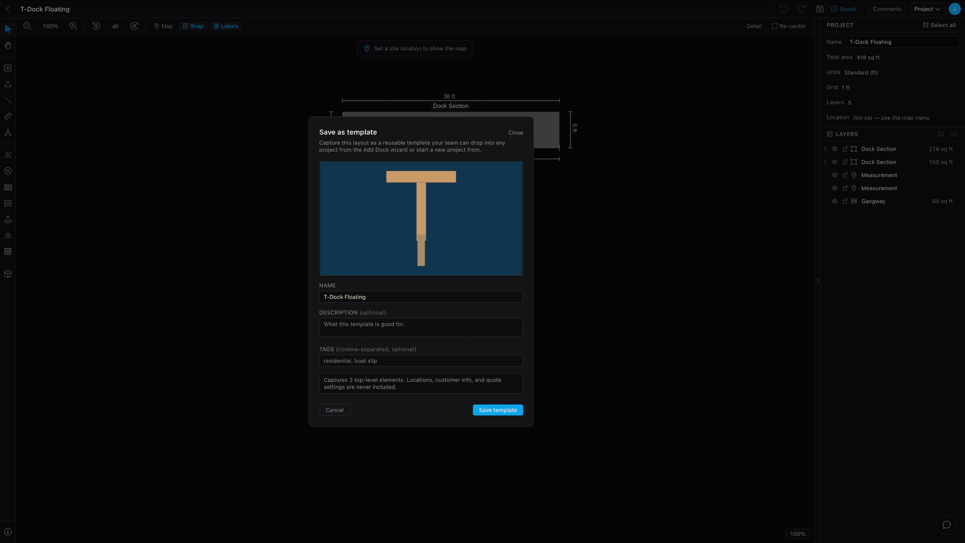 The Save as Template modal: a live preview thumbnail of the dock, a name field, description and tags, and a Save button — opened from the Project menu.