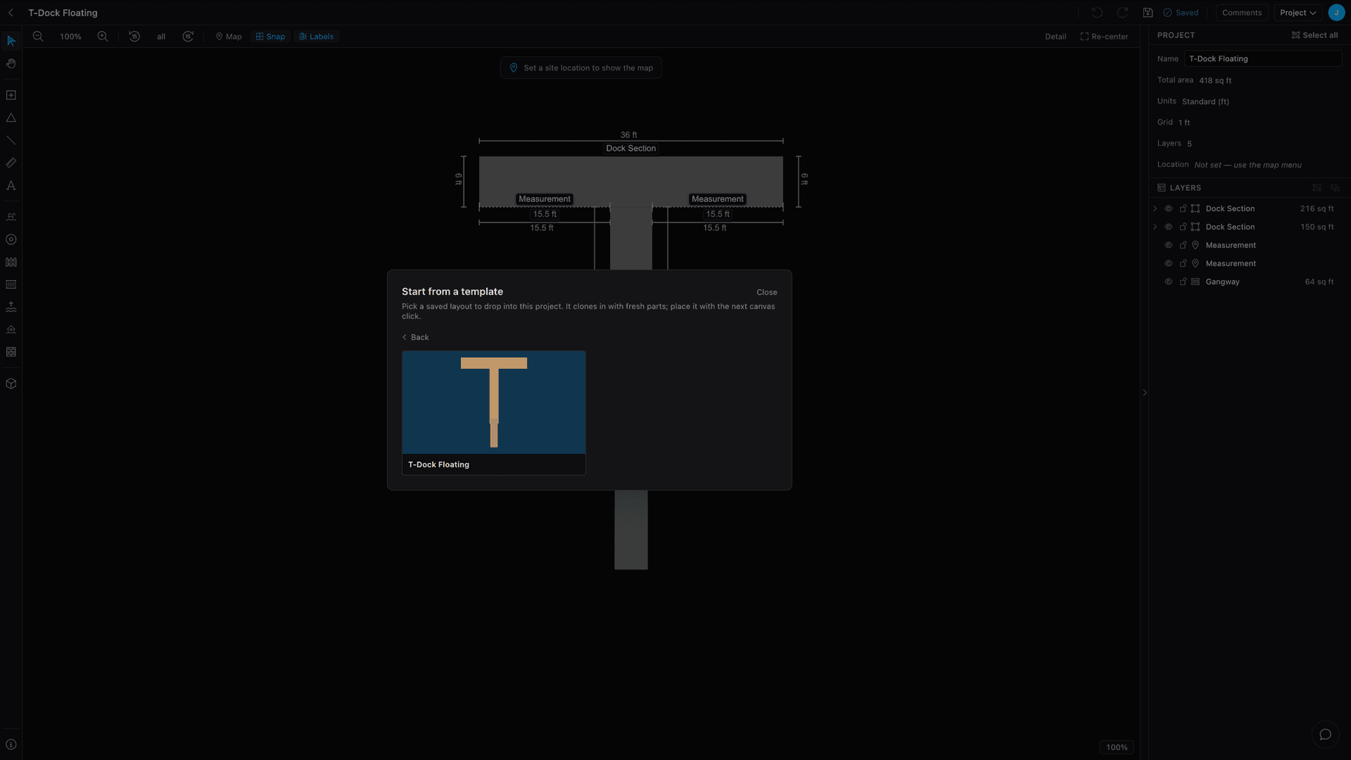 The Add Dock wizard showing the template picker: a grid of dock layout thumbnails to choose from before placing one on the canvas.