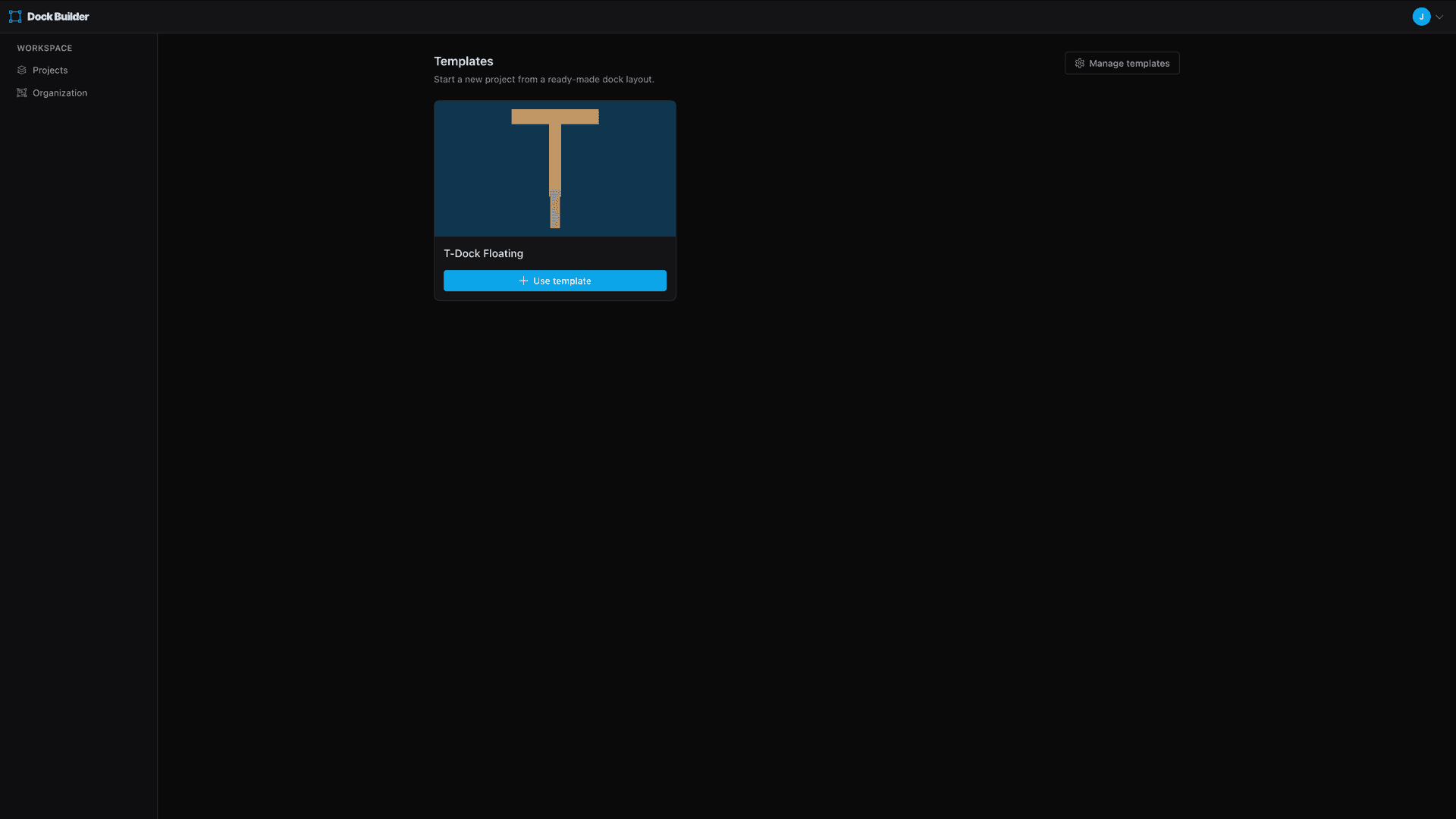 The Templates gallery: a grid of dock layout thumbnails, each with a Use template button that spins up a new project.