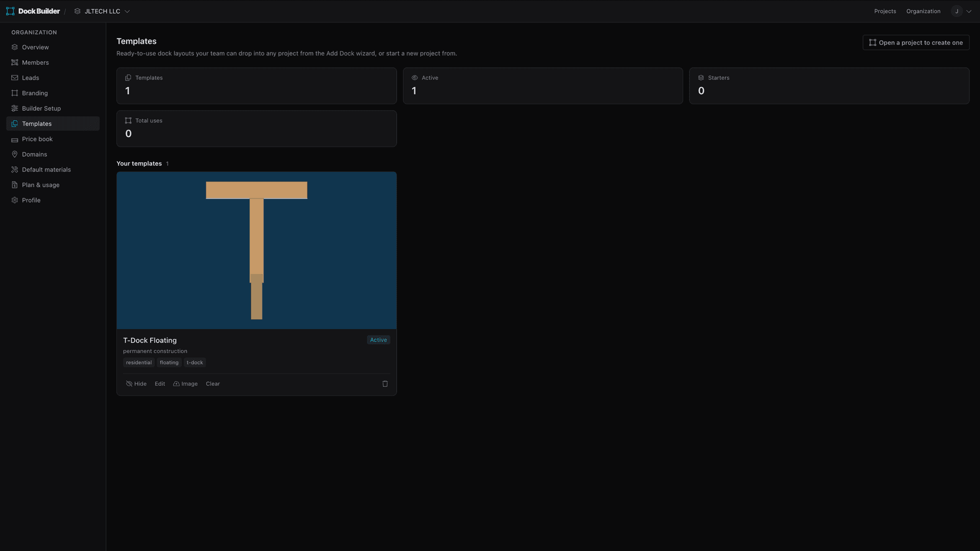 The Organization Templates dashboard: a grid of template cards with active/inactive toggles, edit and delete controls, and a separate Starter templates section.