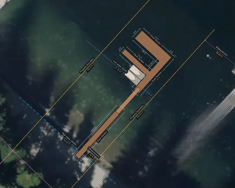 A dock design in Dock Builder: an L-shaped dock with three dock sections and a boat lift on an aerial site map, marked up with property boundaries, high- and low-water lines, and dimensions.