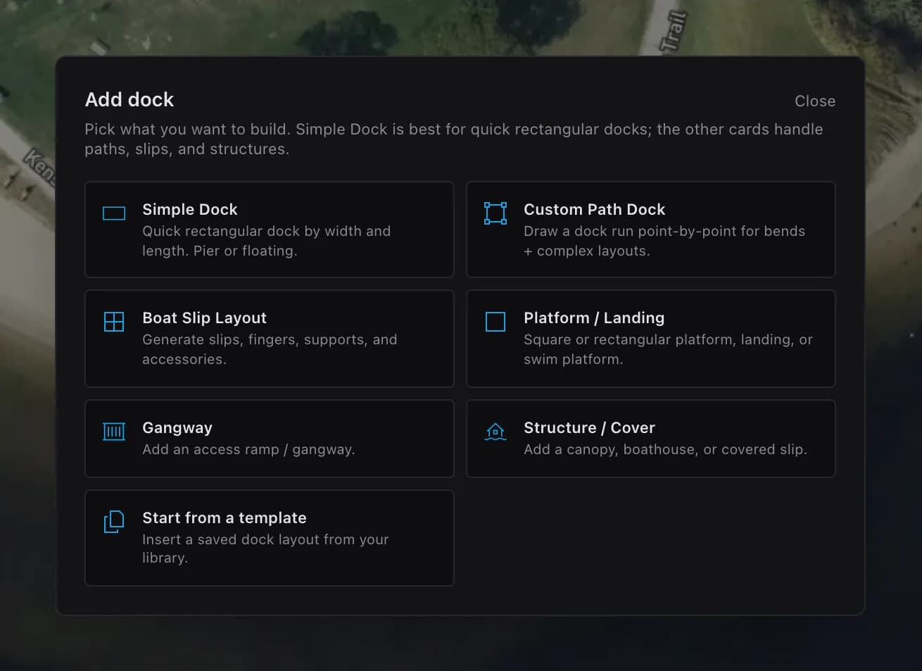 Four of the Add dock menu’s seven choices: Simple Dock, Boat Slip Layout, Gangway and Start from a template.