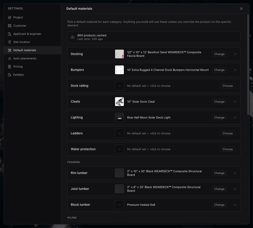 Settings → Default Materials: a product chosen per category — decking, bumpers, cleats, lighting, and the rim/joist/block framing lumber — each with a thumbnail and a Change button.