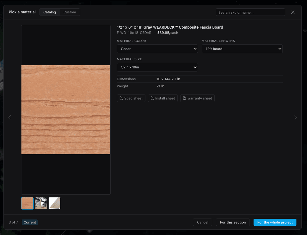 The product picker modal: Catalog and Custom tabs, a composite decking board with its SKU, $89.95 price, color/length/size attributes, and 'for this section' or 'whole project' scope buttons.
