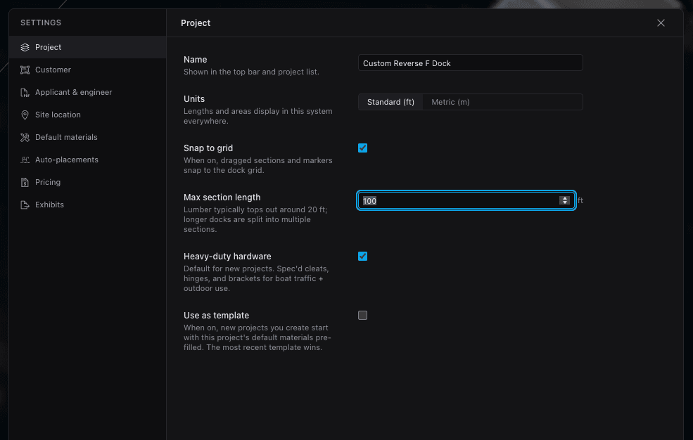 Settings → Project: the Heavy-duty hardware toggle on and the Use-as-template option, alongside units, snap-to-grid, and max section length.