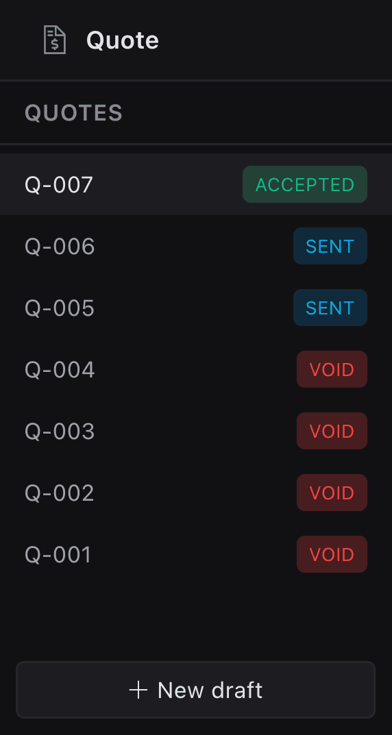 A project's quote history sidebar with status badges — Accepted, Sent, and Void — for quotes Q-001 through Q-007.