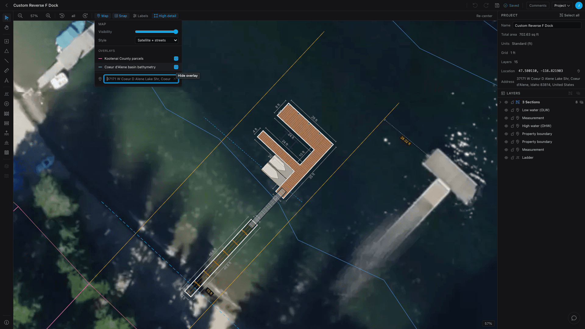 A dock over a satellite basemap of a real shoreline, with the Map popover (visibility, style, overlays) open and parcel and bathymetry overlays enabled.